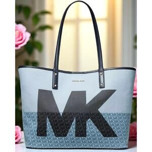 Michael Kors Carter Denim MK Open Tote Designer Logo print Large blue bag